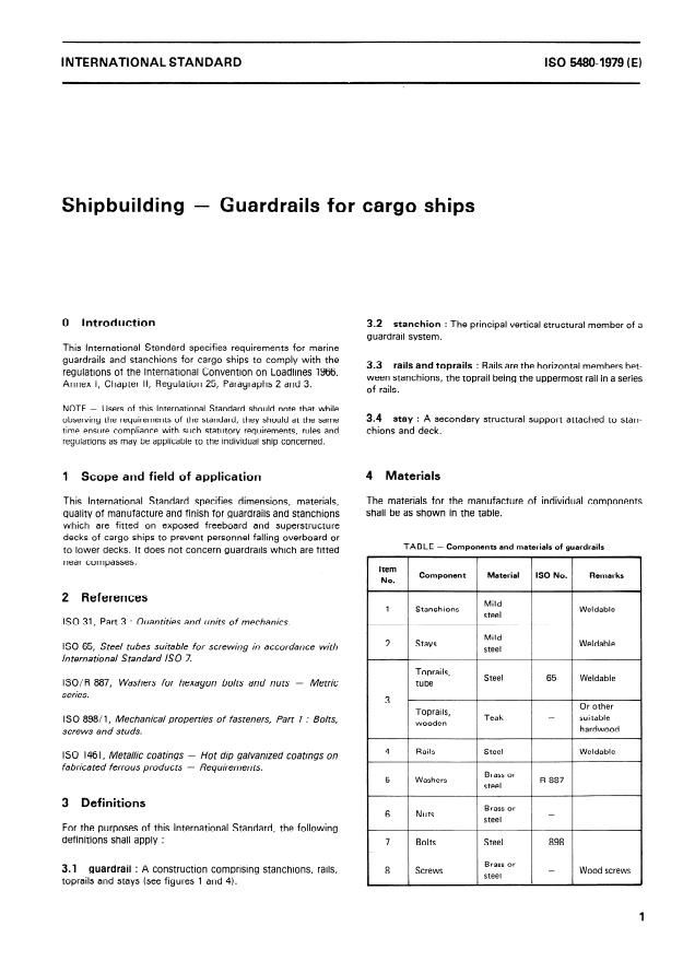 ISO 5480:1979 - Shipbuilding -- Guardrails for cargo ships