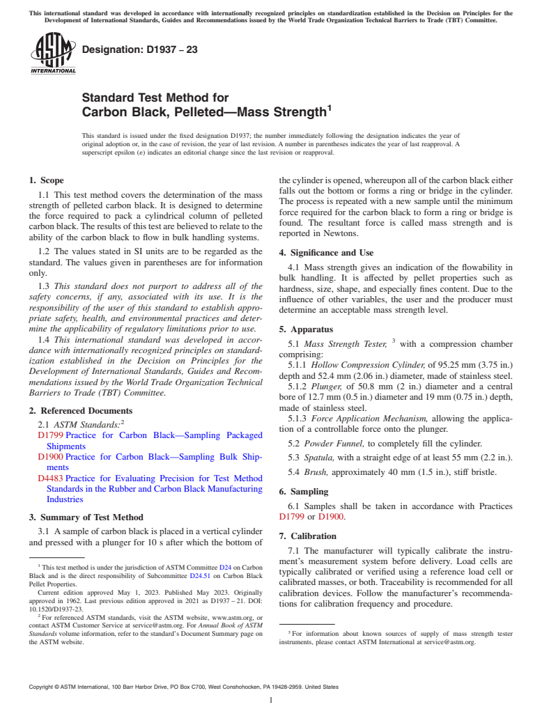 ASTM D1937-23 - Standard Test Method for  Carbon Black, Pelleted—Mass Strength
