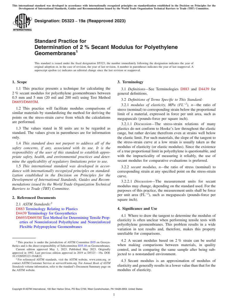 ASTM D5323-19a(2023) - Standard Practice for  Determination of 2 % Secant Modulus for Polyethylene   Geomembranes