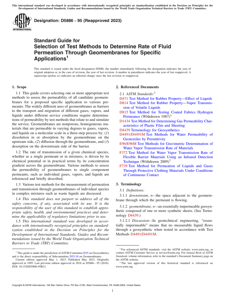 ASTM D5886-95(2023) - Standard Guide for  Selection of Test Methods to Determine Rate of Fluid Permeation  Through Geomembranes for Specific Applications