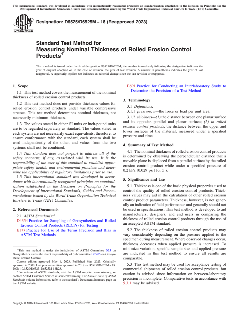 ASTM D6525/D6525M-18(2023) - Standard Test Method for Measuring Nominal Thickness of Rolled Erosion Control  Products