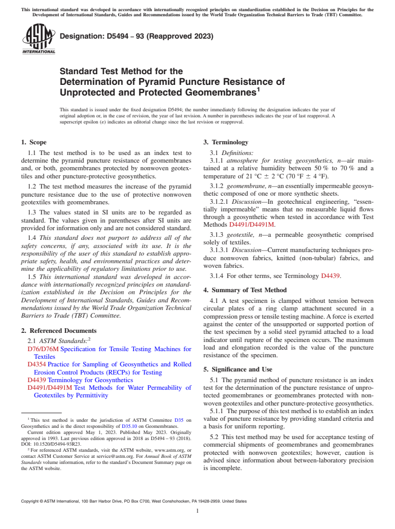 ASTM D5494-93(2023) - Standard Test Method for the  Determination of Pyramid Puncture Resistance of Unprotected   and Protected Geomembranes