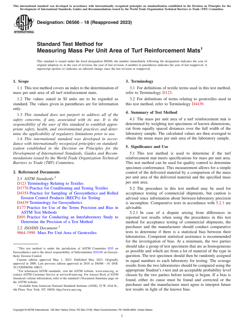 ASTM D6566-18(2023) - Standard Test Method for Measuring Mass Per Unit Area of Turf Reinforcement Mats