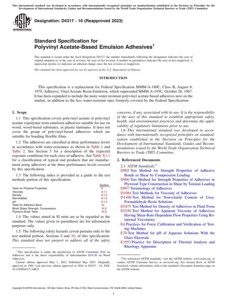 ASTM D4317-16(2023) - Standard Specification for Polyvinyl Acetate-Based Emulsion Adhesives