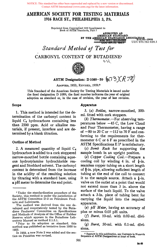 ASTM D1089-59(1978) - Method of Test for Carbonyl Content of Butadiene (Withdrawn 1983)