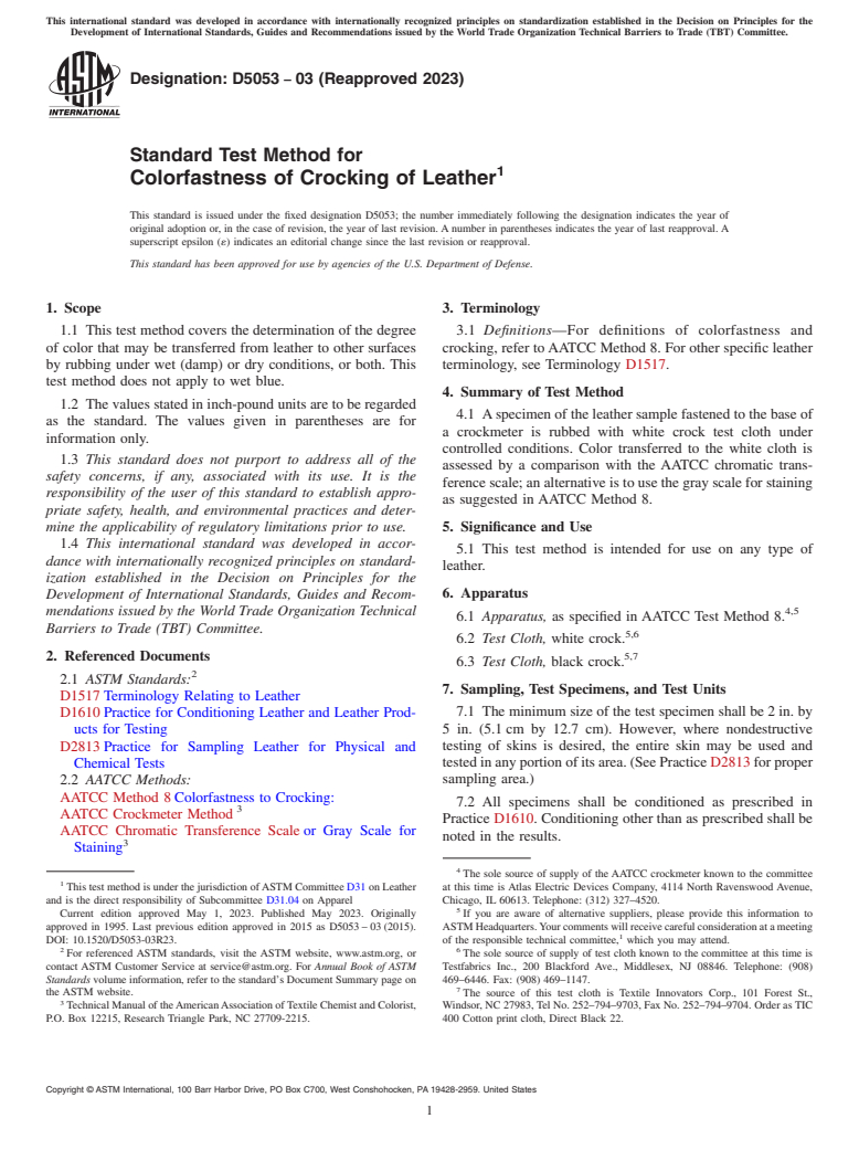 ASTM D5053-03(2023) - Standard Test Method for  Colorfastness of Crocking of Leather