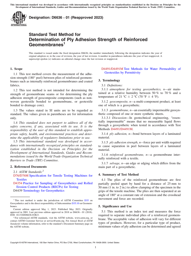 ASTM D6636-01(2023) - Standard Test Method for  Determination of Ply Adhesion Strength of Reinforced Geomembranes