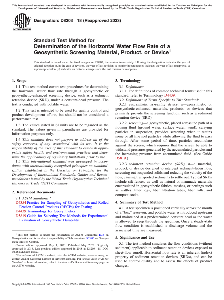 ASTM D8203-18(2023) - Standard Test Method for Determination of the Horizontal Water Flow Rate of a Geosynthetic  Screening Material, Product, or Device