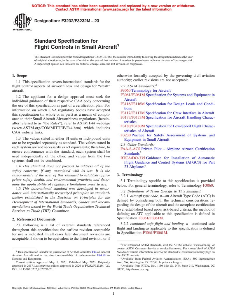 ASTM F3232/F3232M-23 - Standard Specification for Flight Controls in Small Aircraft