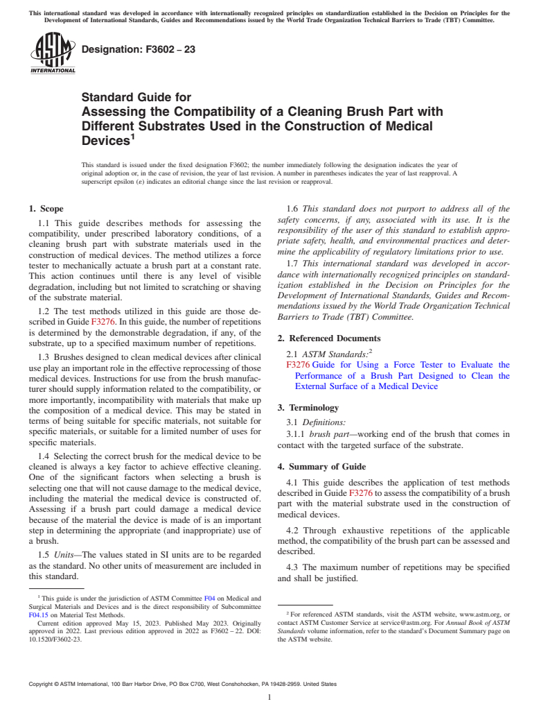 ASTM F3602-23 - Standard Guide for Assessing the Compatibility of a Cleaning Brush Part with Different  Substrates Used in the Construction of Medical Devices