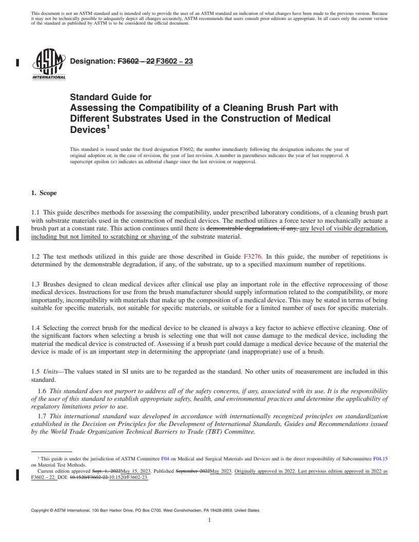 REDLINE ASTM F3602-23 - Standard Guide for Assessing the Compatibility of a Cleaning Brush Part with Different  Substrates Used in the Construction of Medical Devices