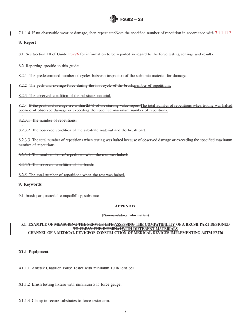 REDLINE ASTM F3602-23 - Standard Guide for Assessing the Compatibility of a Cleaning Brush Part with Different  Substrates Used in the Construction of Medical Devices