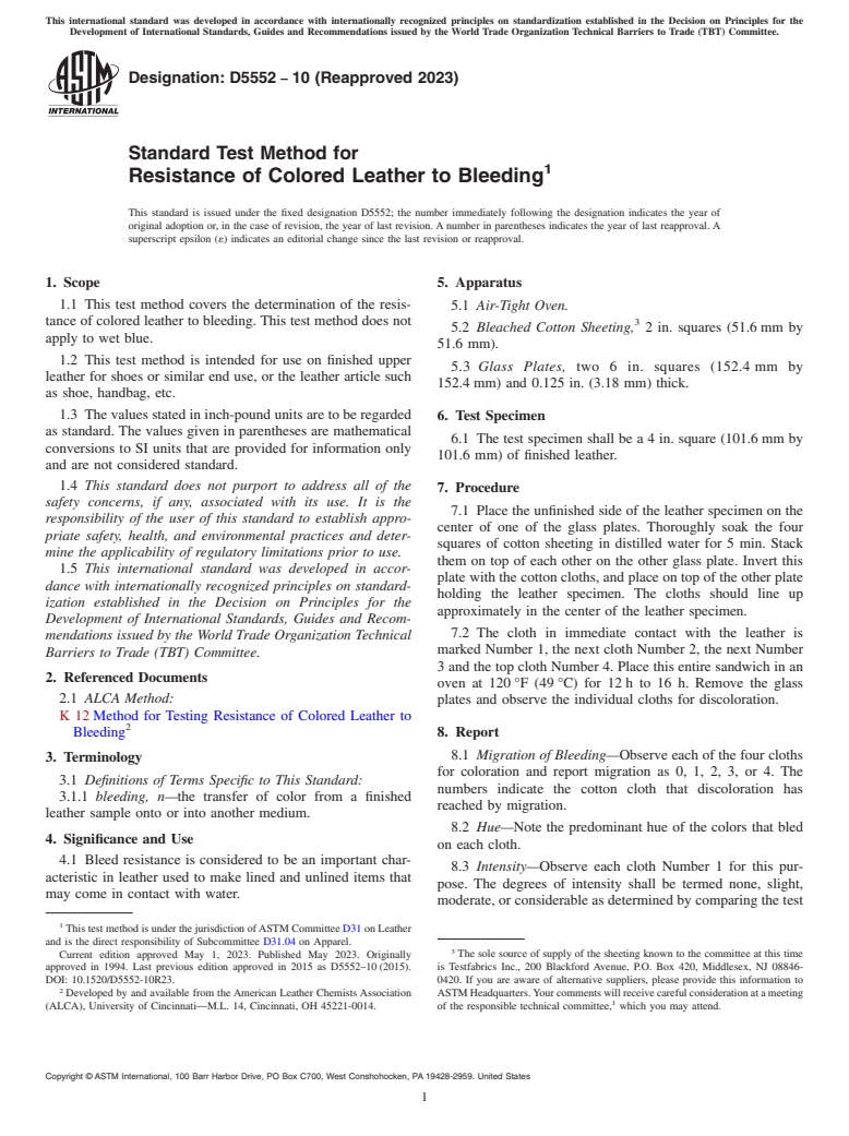 ASTM D5552-10(2023) - Standard Test Method for  Resistance of Colored Leather to Bleeding