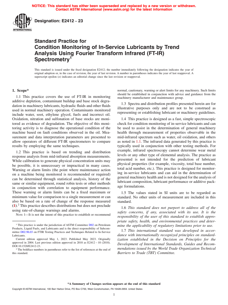 ASTM E2412-23 - Standard Practice for  Condition Monitoring of In-Service Lubricants by Trend Analysis Using Fourier Transform Infrared (FT-IR) Spectrometry