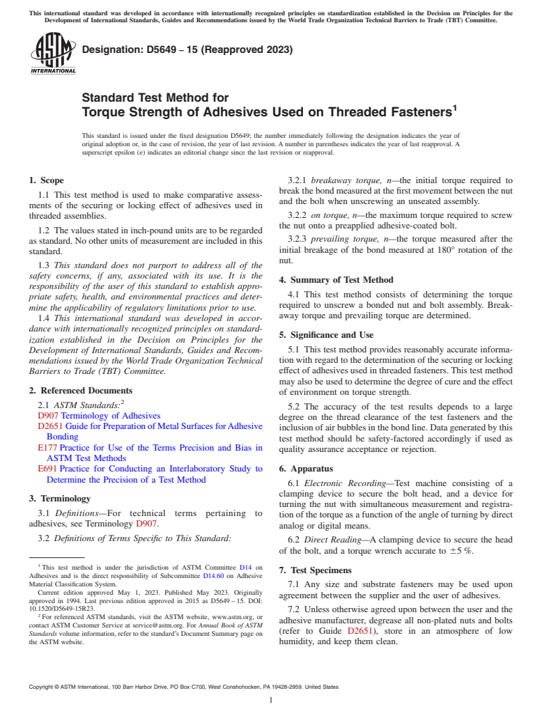 ASTM D5649-15(2023) - Standard Test Method for Torque Strength of Adhesives Used on Threaded Fasteners