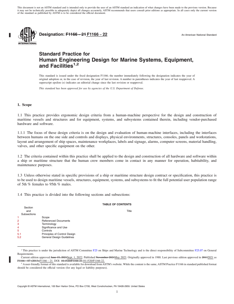 REDLINE ASTM F1166-22 - Standard Practice for Human Engineering Design for Marine Systems, Equipment, and  Facilities<rangeref></rangeref  >