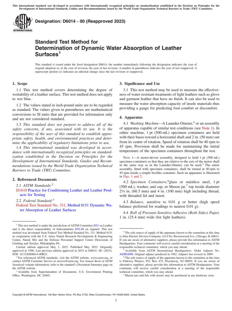 ASTM D6014-00(2023) - Standard Test Method for  Determination of Dynamic Water Absorption of Leather Surfaces