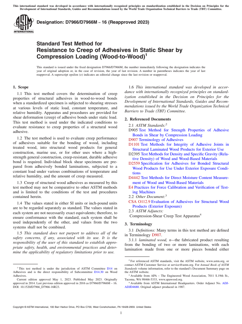 ASTM D7966/D7966M-16(2023) - Standard Test Method for Resistance to Creep of Adhesives in Static Shear by Compression  Loading (Wood-to-Wood)