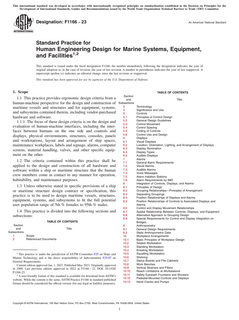 ASTM F1166-23 - Standard Practice for Human Engineering Design for Marine Systems, Equipment, and  Facilities<rangeref></rangeref  >