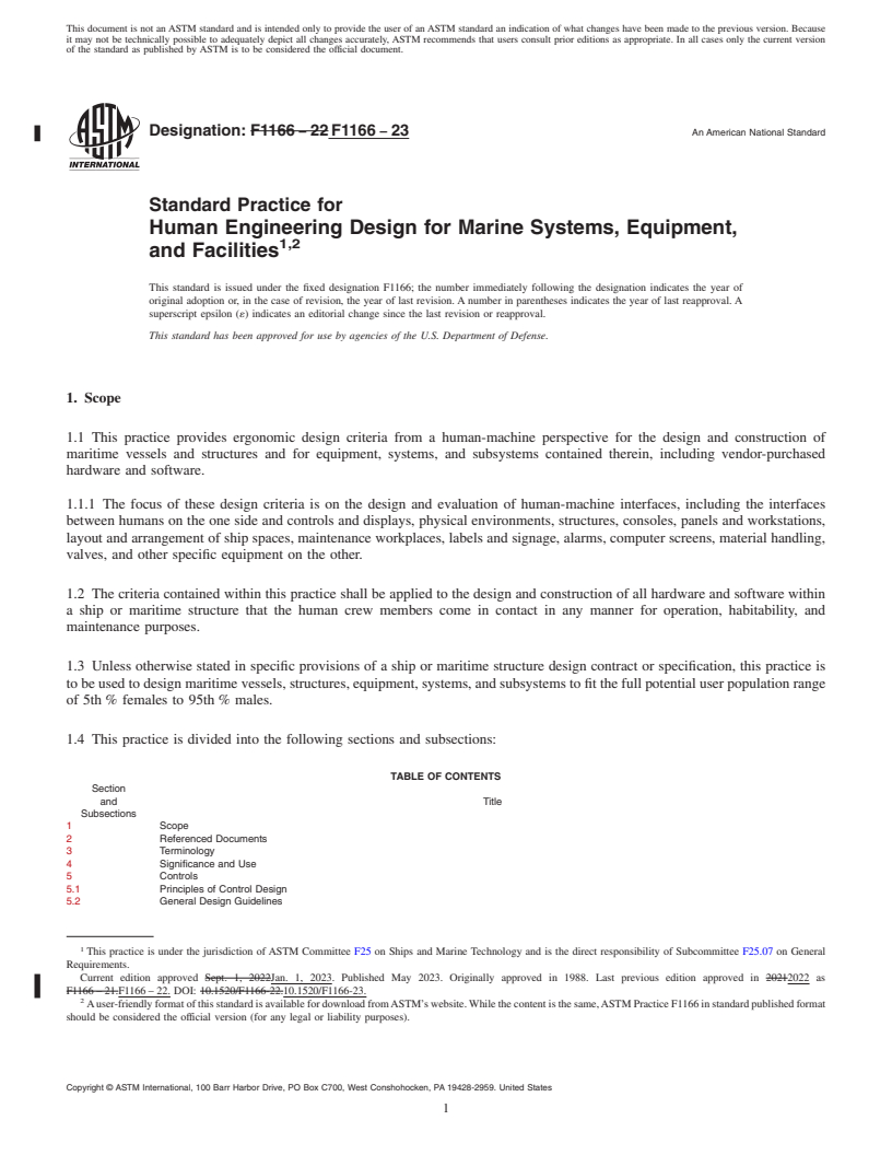REDLINE ASTM F1166-23 - Standard Practice for Human Engineering Design for Marine Systems, Equipment, and  Facilities<rangeref></rangeref  >