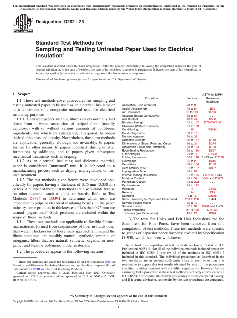 ASTM D202-23 - Standard Test Methods for  Sampling and Testing Untreated Paper Used for Electrical Insulation