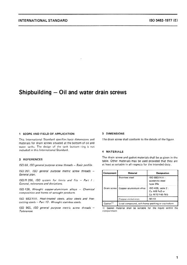ISO 5483:1977 - Shipbuilding -- Oil and water drain screws