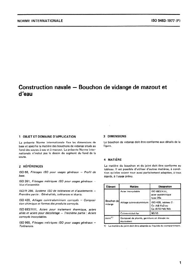 ISO 5483:1977 - Construction navale -- Bouchon de vidange de mazout et d'eau