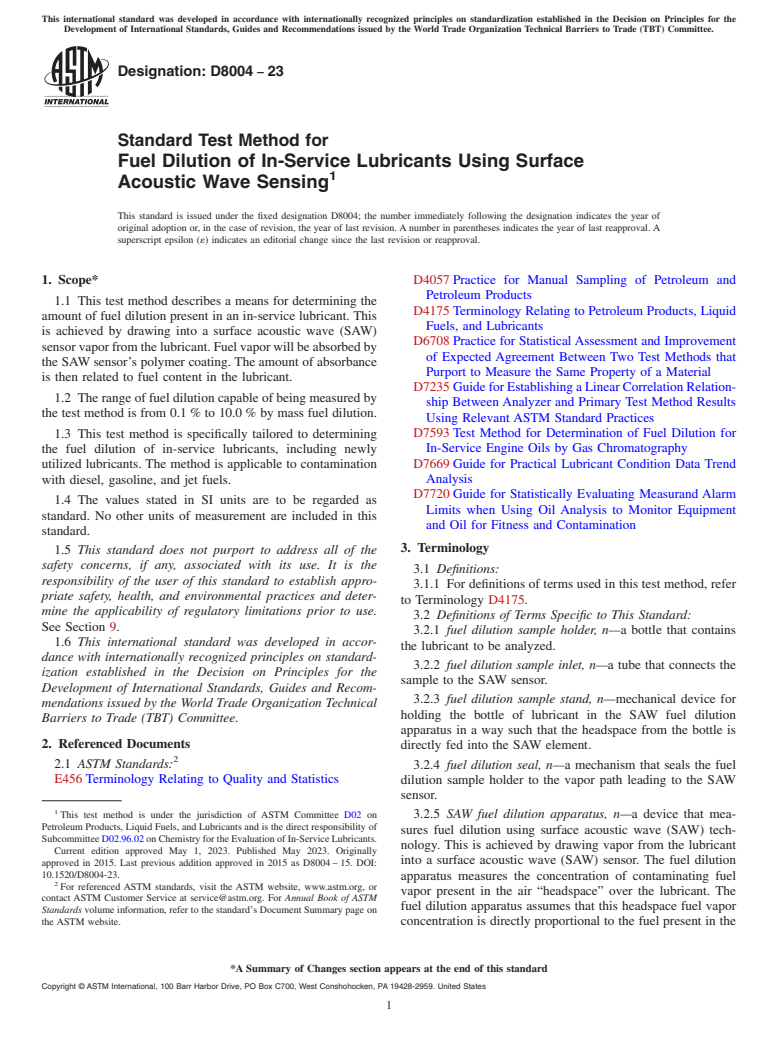 ASTM D8004-23 - Standard Test Method for Fuel Dilution of In-Service Lubricants Using Surface Acoustic  Wave Sensing