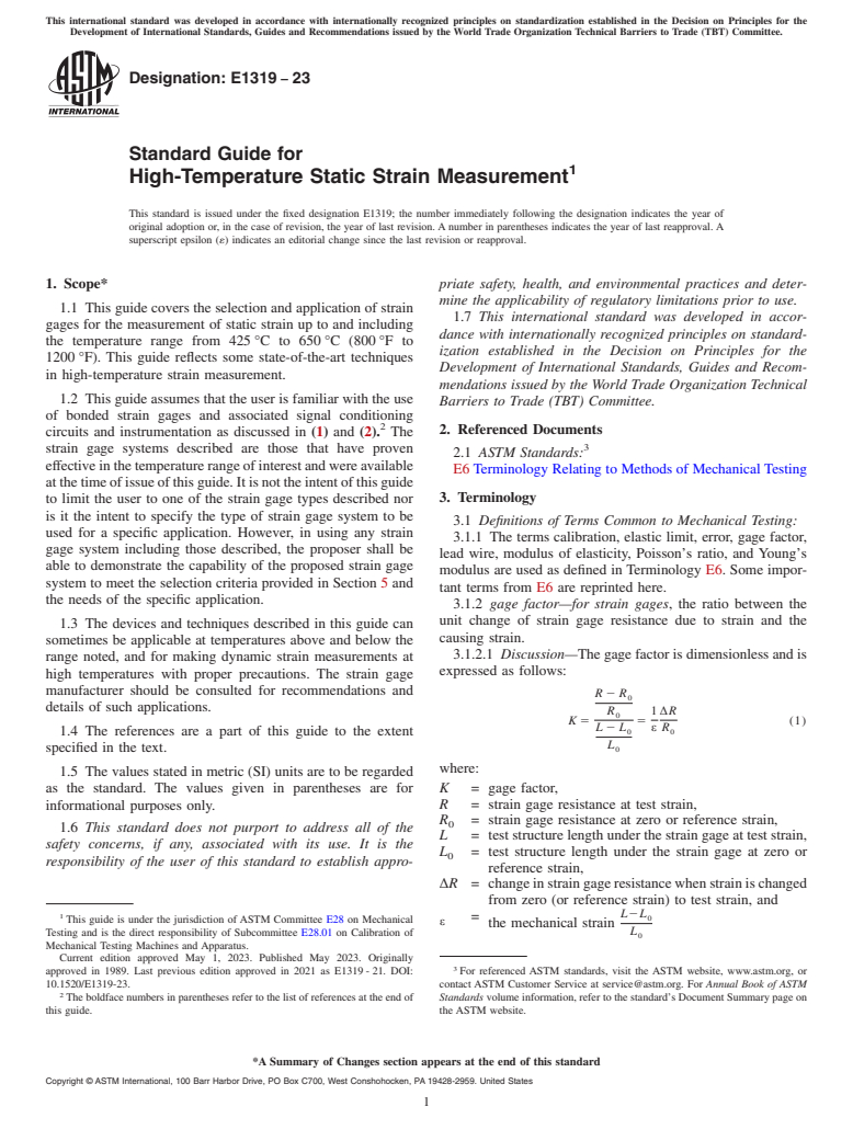 ASTM E1319-23 - Standard Guide for High-Temperature Static Strain Measurement