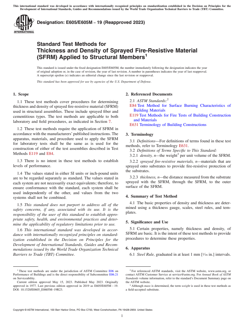 ASTM E605/E605M-19(2023) - Standard Test Methods for Thickness and Density of Sprayed Fire-Resistive Material (SFRM)  Applied to Structural Members