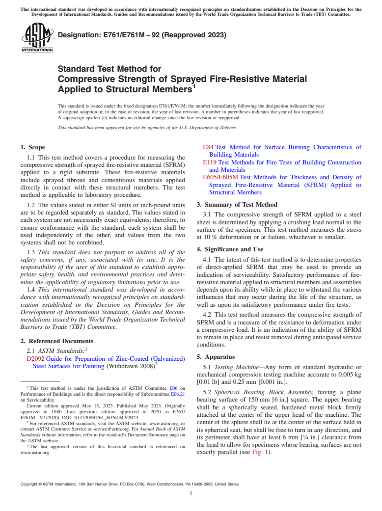ASTM E761/E761M-92(2023) - Standard Test Method for Compressive Strength of Sprayed Fire-Resistive Material Applied  to Structural Members