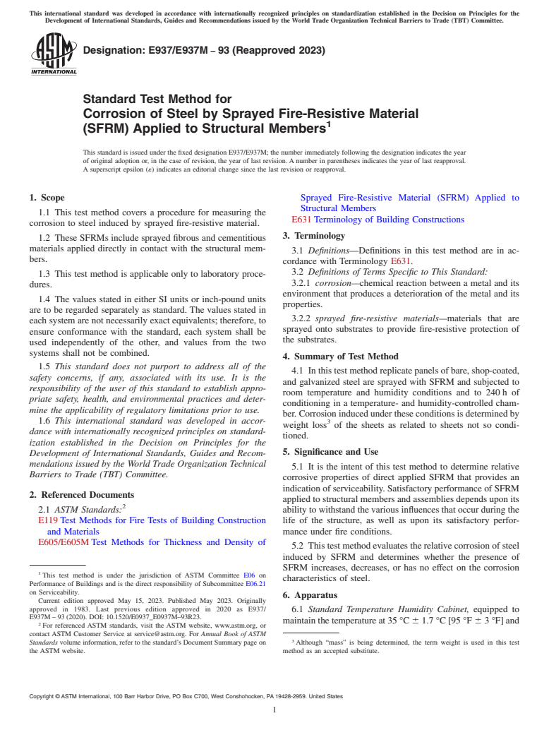 ASTM E937/E937M-93(2023) - Standard Test Method for Corrosion of Steel by Sprayed Fire-Resistive Material (SFRM)  Applied to Structural Members