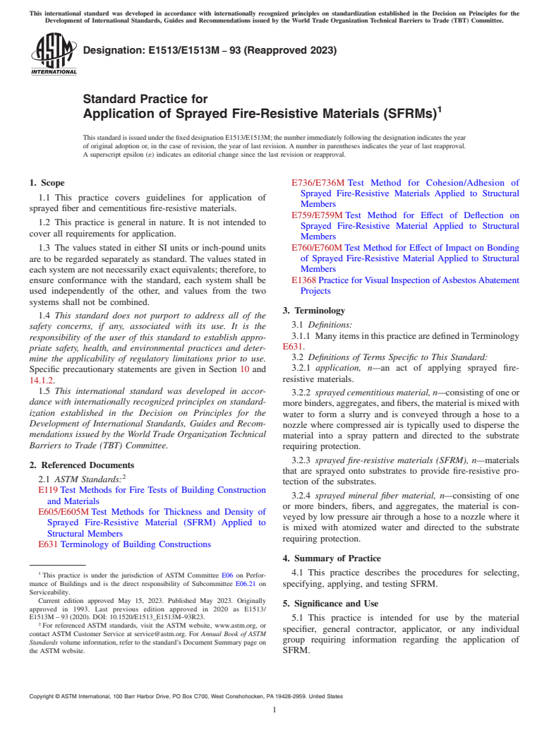 ASTM E1513/E1513M-93(2023) - Standard Practice for Application of Sprayed Fire-Resistive Materials (SFRMs)