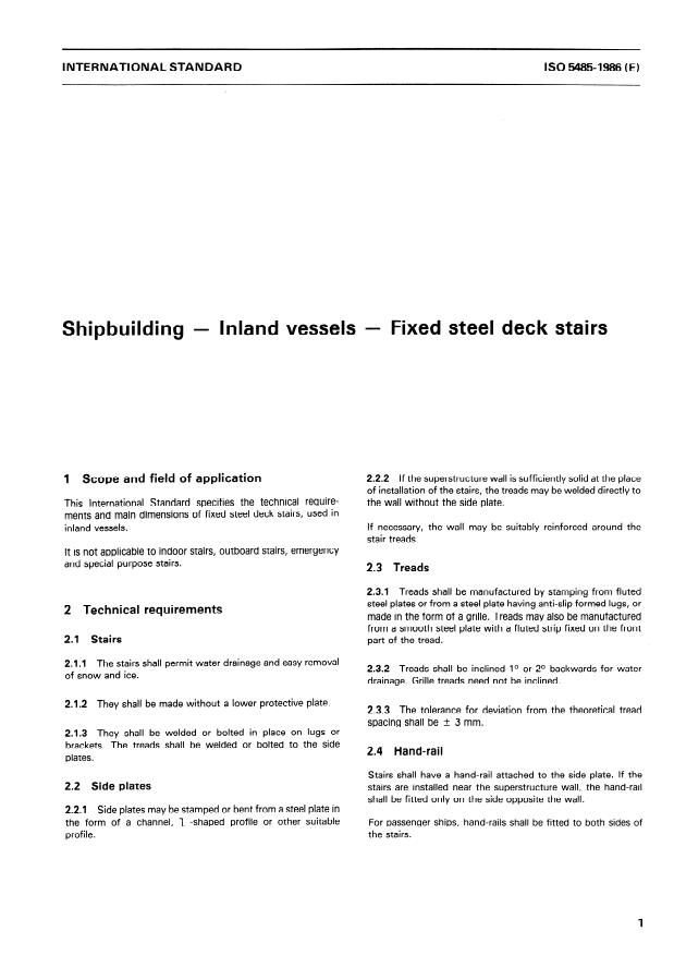 ISO 5485:1986 - Shipbuilding -- Inland vessels -- Fixed steel deck stairs