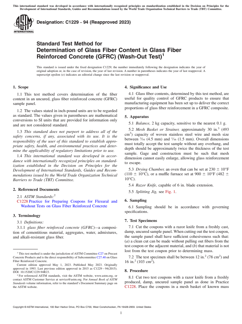 ASTM C1229-94(2023) - Standard Test Method for  Determination of Glass Fiber Content in Glass Fiber Reinforced  Concrete  (GFRC) (Wash-Out Test)