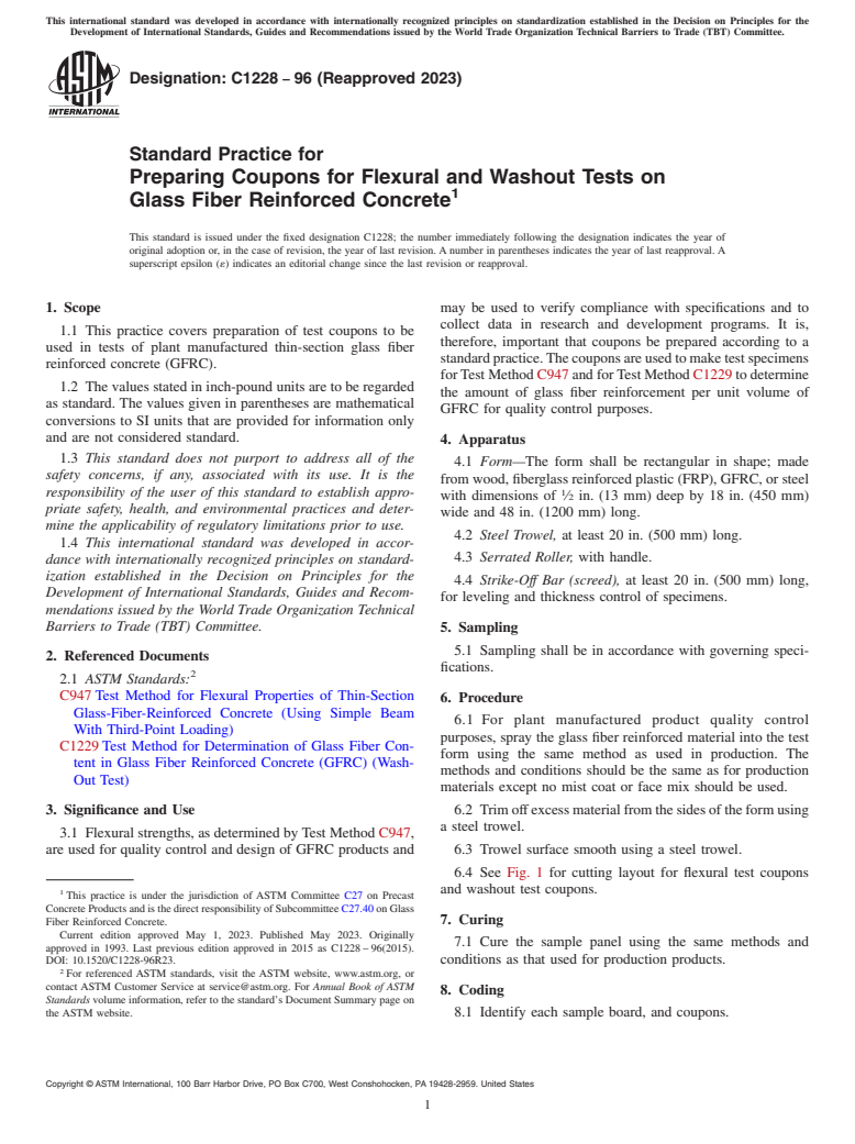 ASTM C1228-96(2023) - Standard Practice for Preparing Coupons for Flexural and Washout Tests on Glass Fiber   Reinforced Concrete