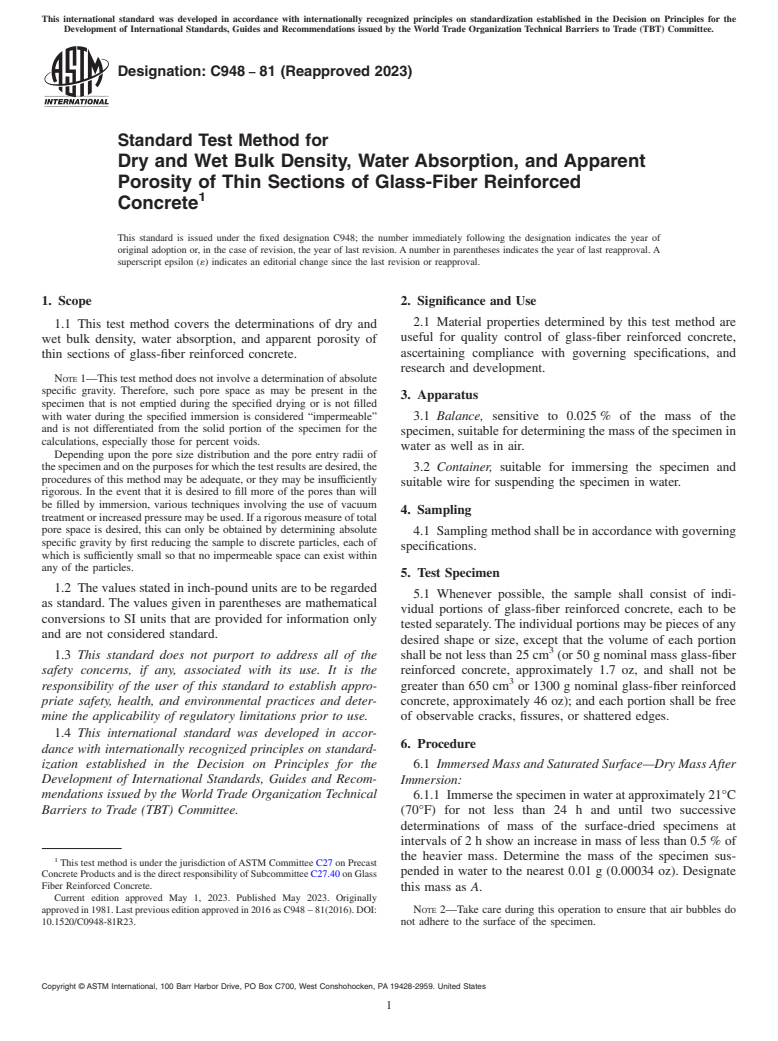 ASTM C948-81(2023) - Standard Test Method for Dry and Wet Bulk Density, Water Absorption, and Apparent Porosity  of Thin Sections of Glass-Fiber Reinforced Concrete