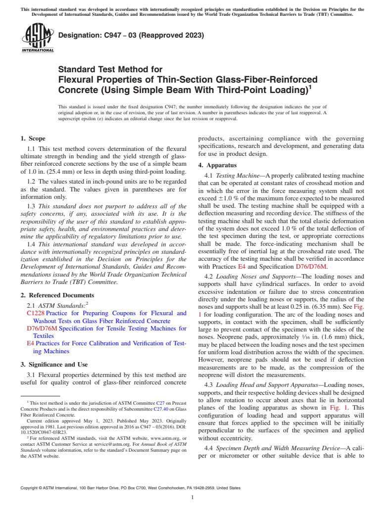 ASTM C947-03(2023) - Standard Test Method for  Flexural Properties of Thin-Section Glass-Fiber-Reinforced  Concrete  (Using Simple Beam With Third-Point Loading)