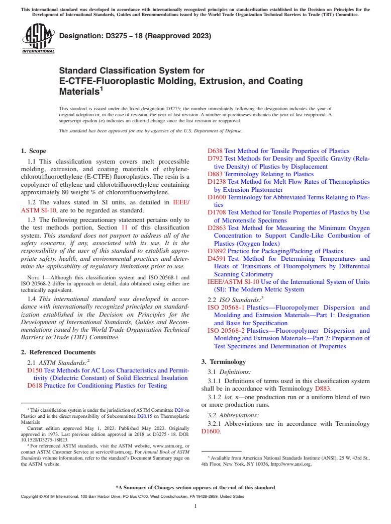 ASTM D3275-18(2023) - Standard Classification System for E-CTFE-Fluoroplastic Molding, Extrusion, and Coating Materials