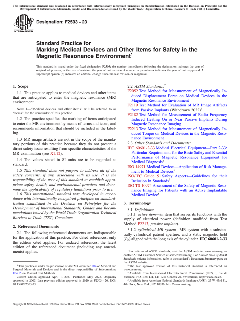 ASTM F2503-23 - Standard Practice for Marking Medical Devices and Other Items for Safety in the Magnetic  Resonance Environment