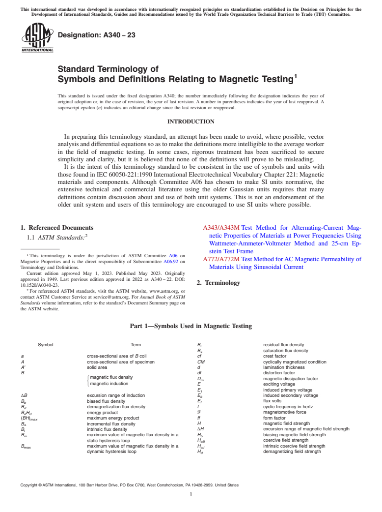 ASTM A340-23 - Standard Terminology of Symbols and Definitions Relating to Magnetic Testing