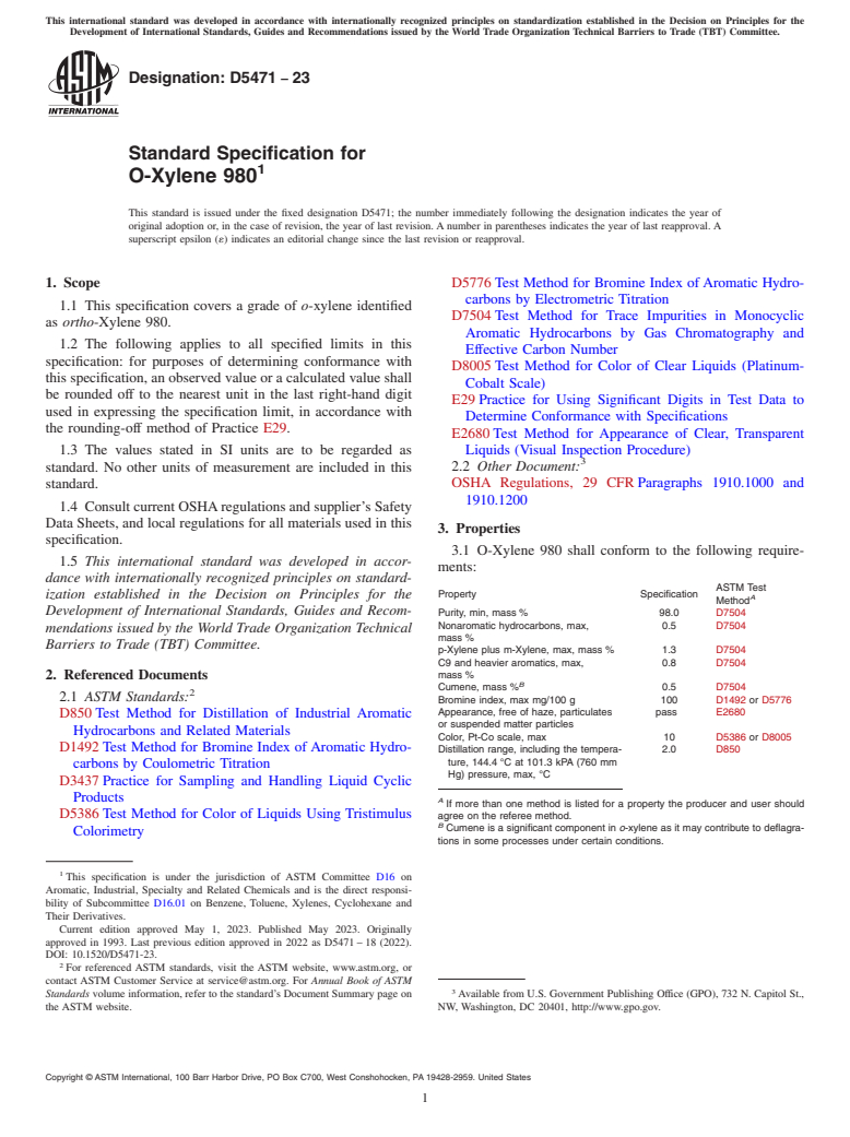 ASTM D5471-23 - Standard Specification for O-Xylene 980