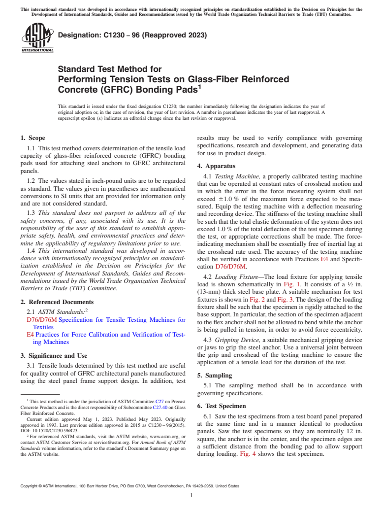 ASTM C1230-96(2023) - Standard Test Method for  Performing Tension Tests on Glass-Fiber Reinforced Concrete  (GFRC)  Bonding Pads