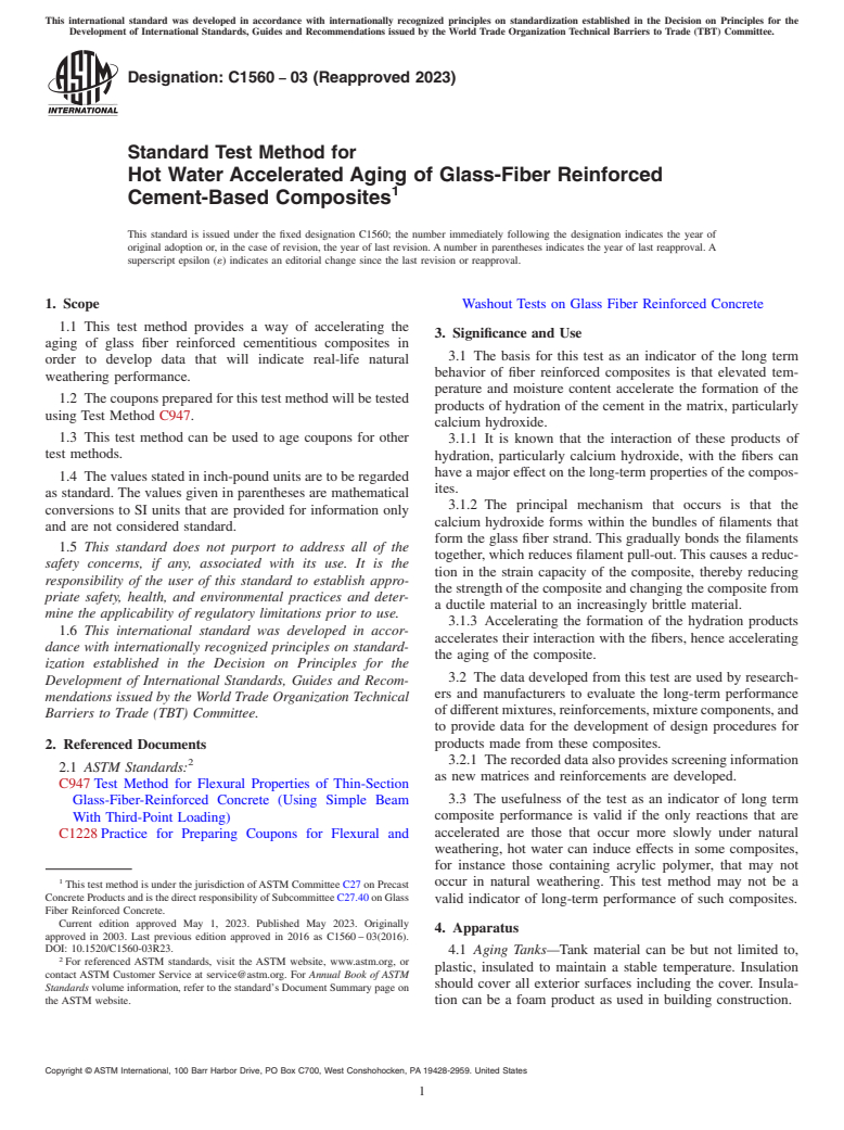 ASTM C1560-03(2023) - Standard Test Method for Hot Water Accelerated Aging of Glass-Fiber Reinforced Cement-Based  Composites