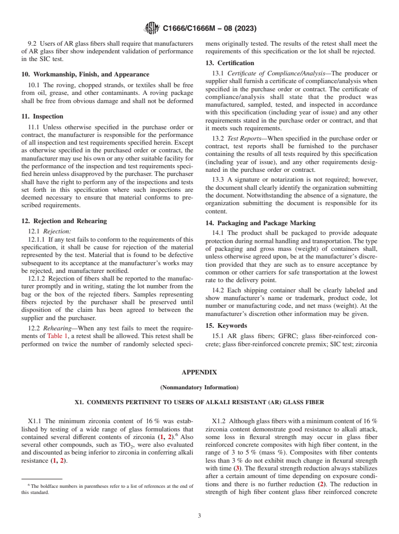 ASTM C1666/C1666M-08(2023) - Standard Specification for  Alkali Resistant (AR) Glass Fiber for GFRC and Fiber-Reinforced  Concrete and Cement