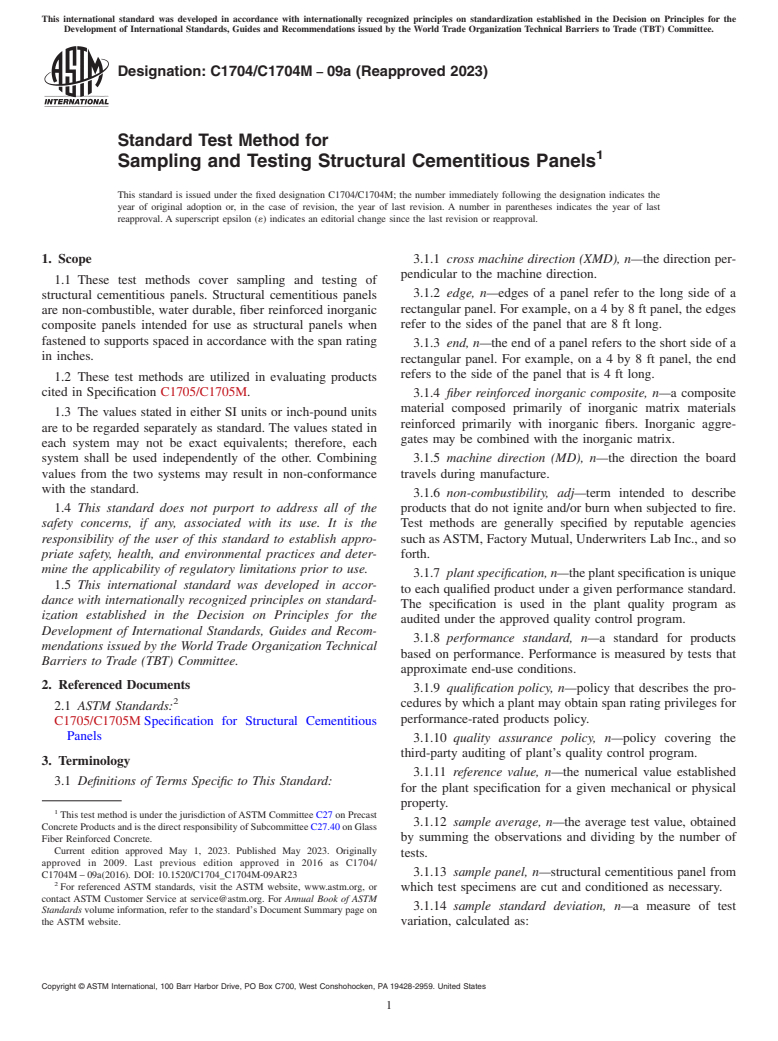 ASTM C1704/C1704M-09a(2023) - Standard Test Method for  Sampling and Testing Structural Cementitious Panels