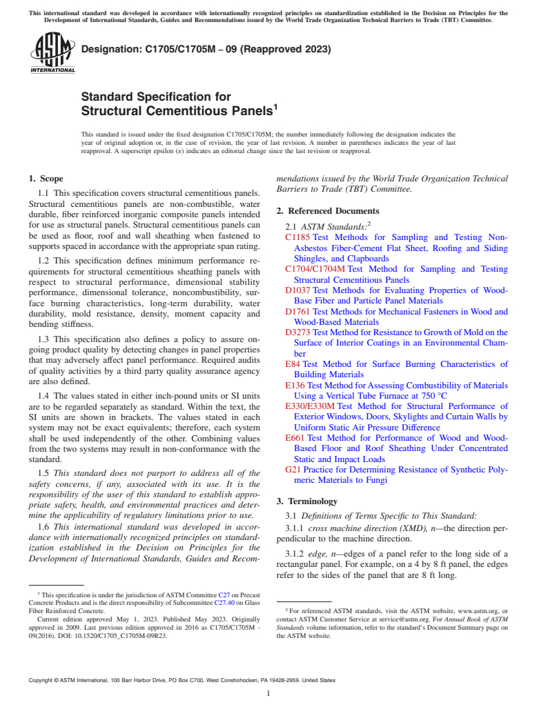 ASTM C1705/C1705M-09(2023) - Standard Specification for  Structural Cementitious Panels