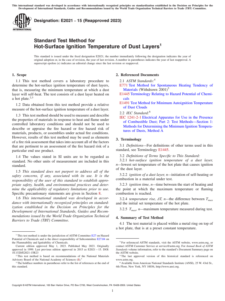 ASTM E2021-15(2023) - Standard Test Method for  Hot-Surface Ignition Temperature of Dust Layers