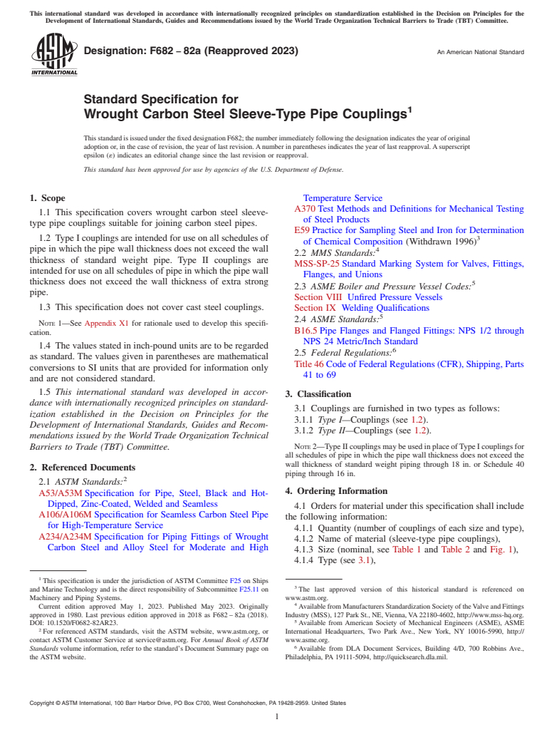 ASTM F682-82a(2023) - Standard Specification for  Wrought Carbon Steel Sleeve-Type Pipe Couplings