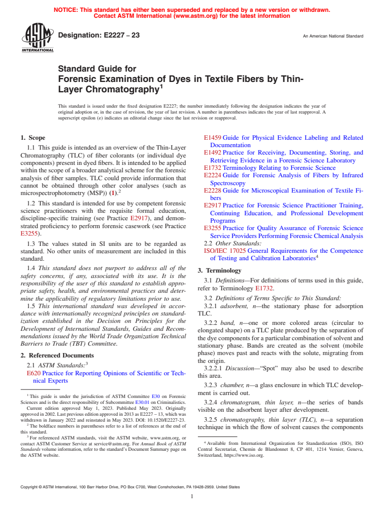 ASTM E2227-23 - Standard Guide for  Forensic Examination of Dyes in Textile Fibers by Thin-Layer  Chromatography